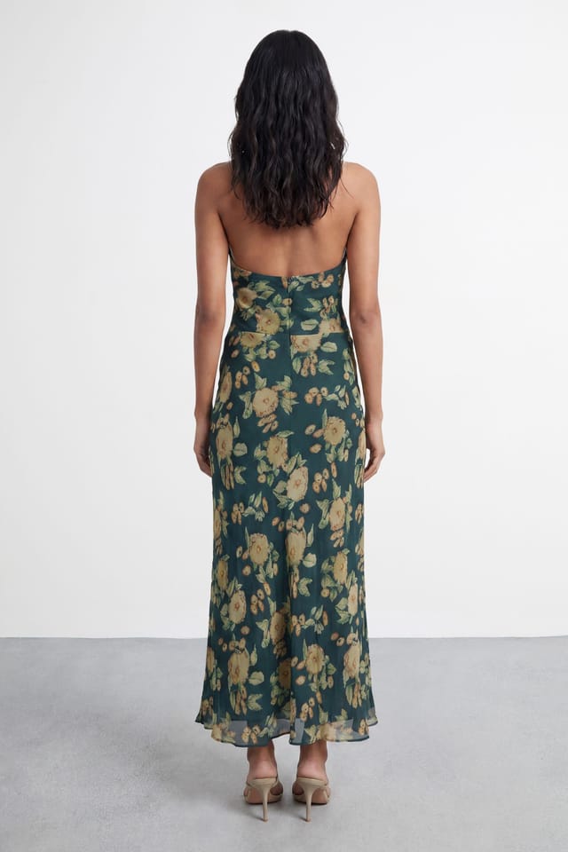 Warehouse Warehouse Women's Blurred Floral Print Tie Neck Halter Maxi Dress - 2