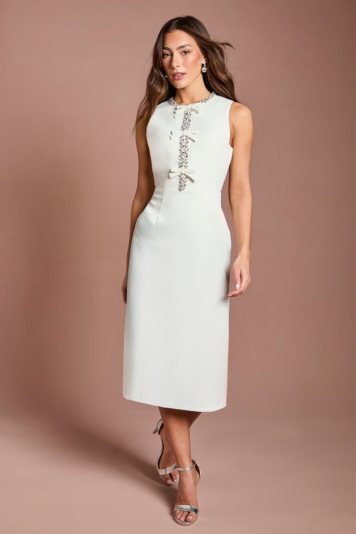 Coast Coast Women's Sleeveless Crepe Midi Dress With Diamante Bow Detail in Ivory