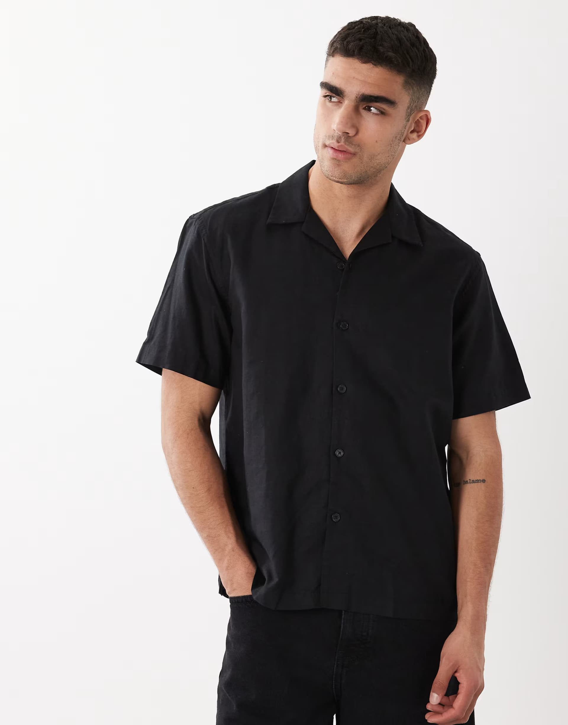 ASOS Selected linen blend short sleeve shirt in black