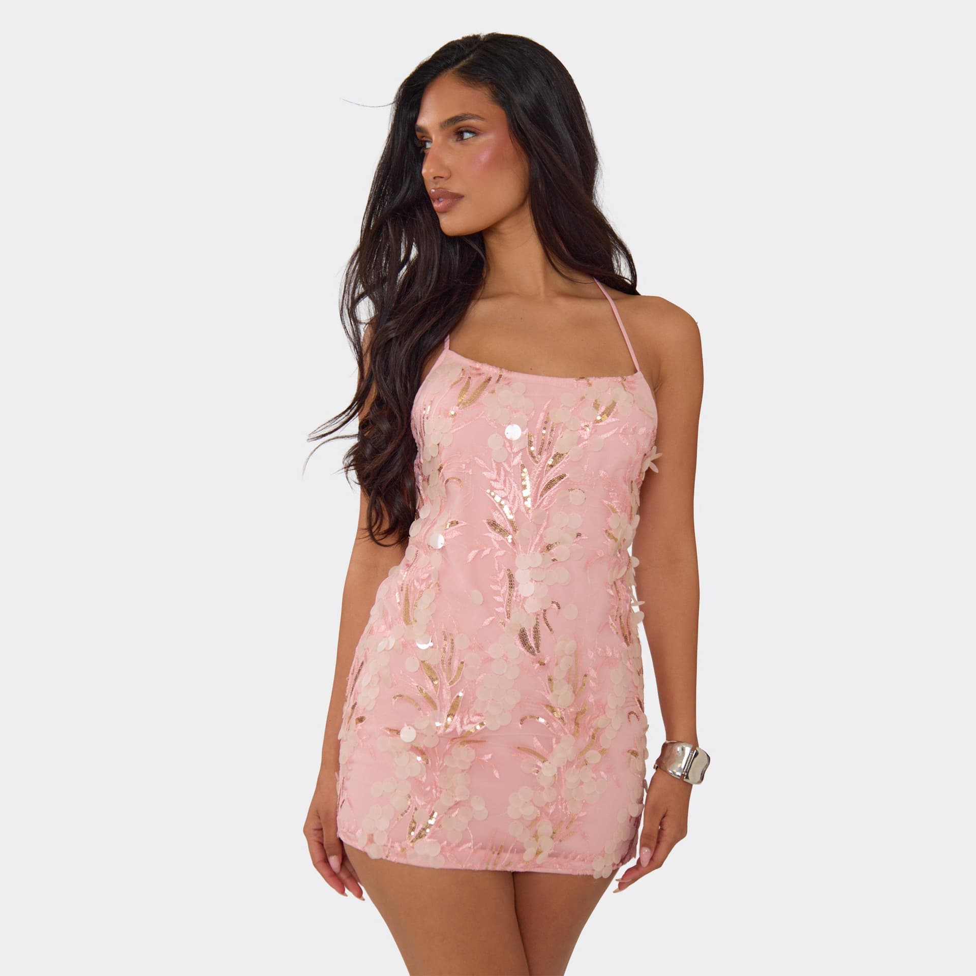 EGO Strappy Cross Back Mini Dress In Pink Disc Sequin, Women's Size UK 6