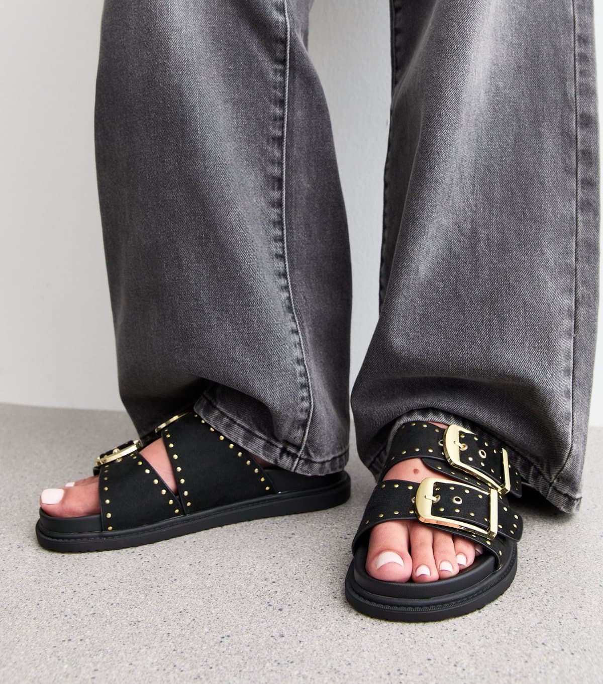 New Look Women's Black Faux Leather Studded Buckled Strap Sandals Vegan New Look