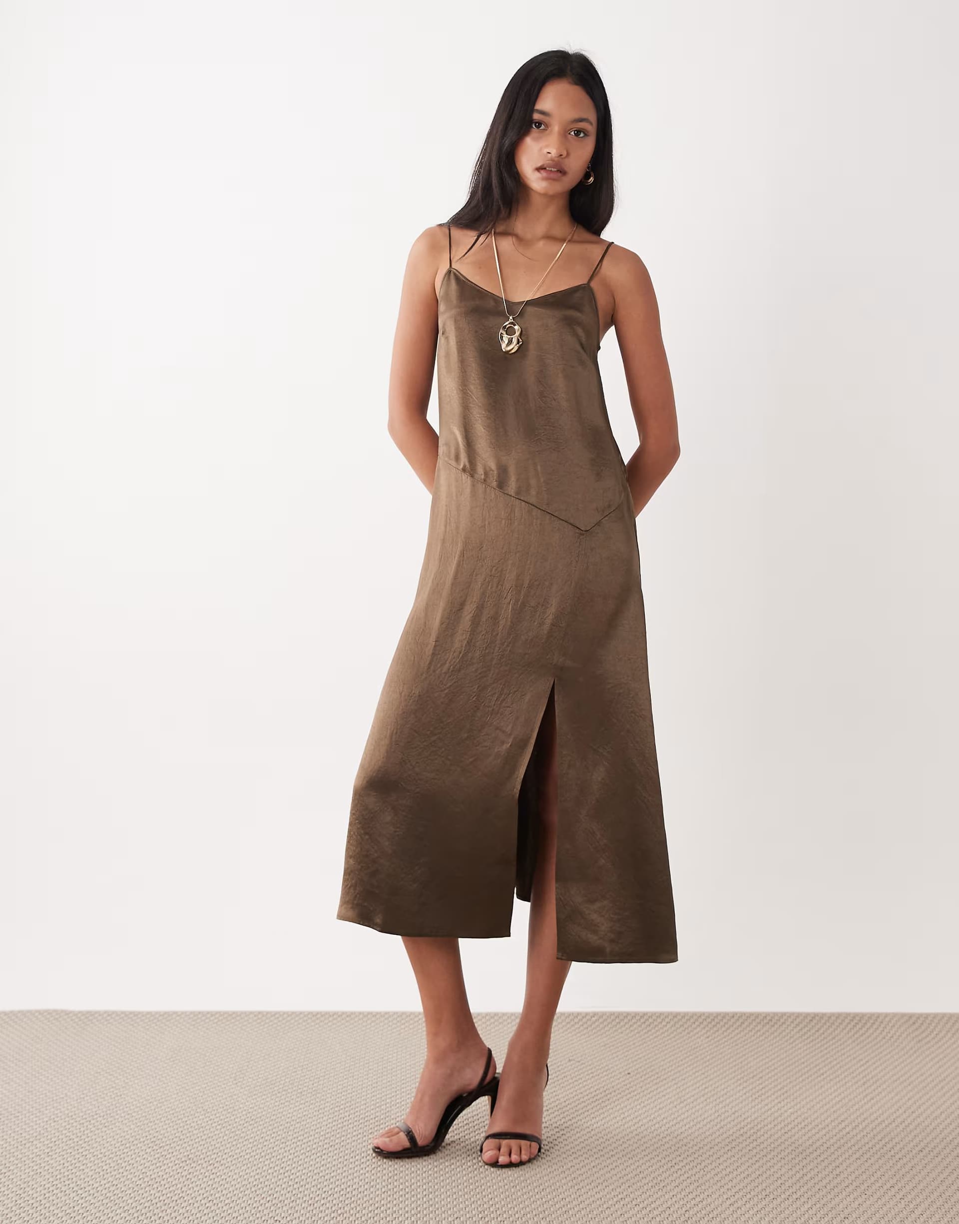 ASOS ARKET satin slip dress with slit in light brown