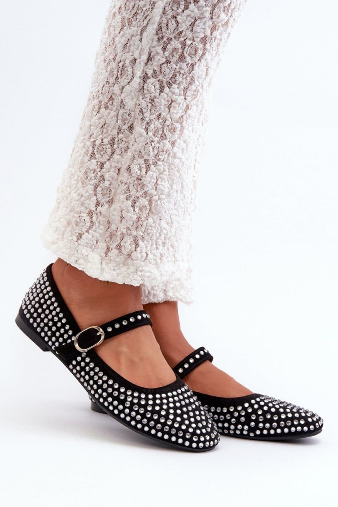 Love Lace Love Lace Women's Rhinestone Suede Ballerina Flats with Adjustable Strap Sparkle in Black