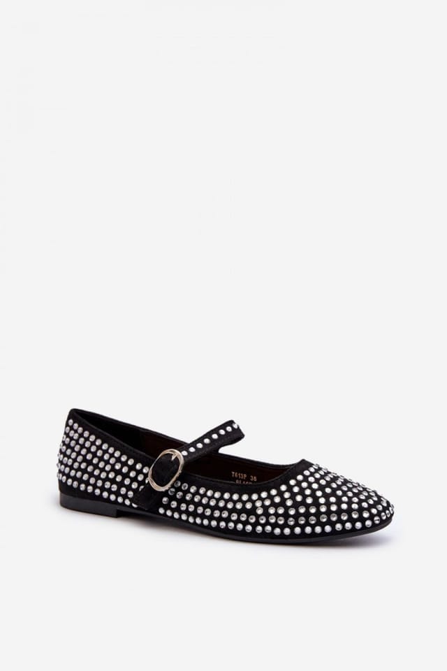 Love Lace Love Lace Women's Rhinestone Suede Ballerina Flats with Adjustable Strap Sparkle in Black - 2