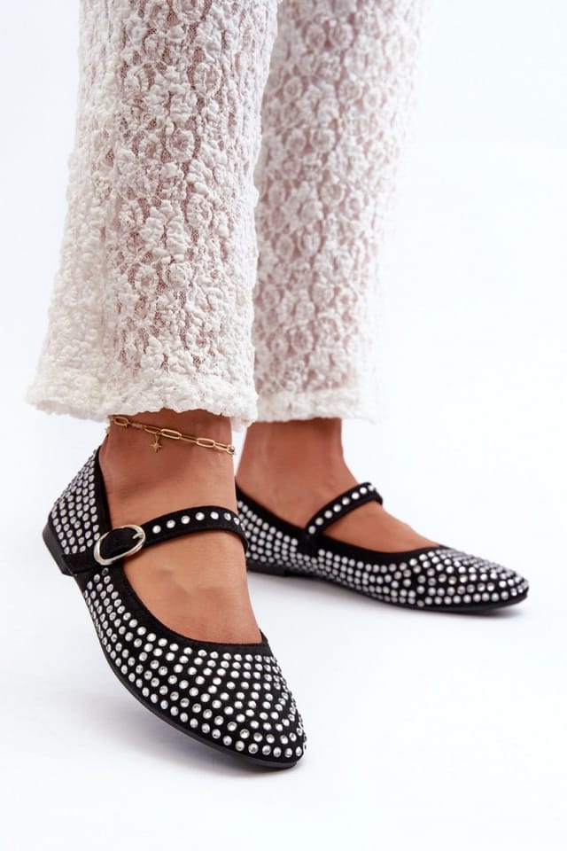 Love Lace Love Lace Women's Rhinestone Suede Ballerina Flats with Adjustable Strap Sparkle in Black - 3