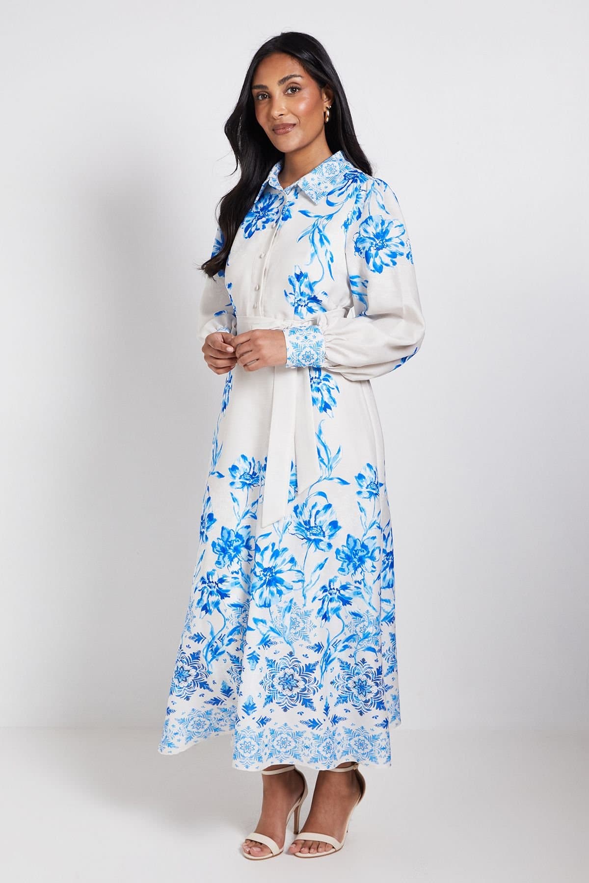 Wallis Wallis Women's Petite Floral Belted Midi Shirt Dress in Blue