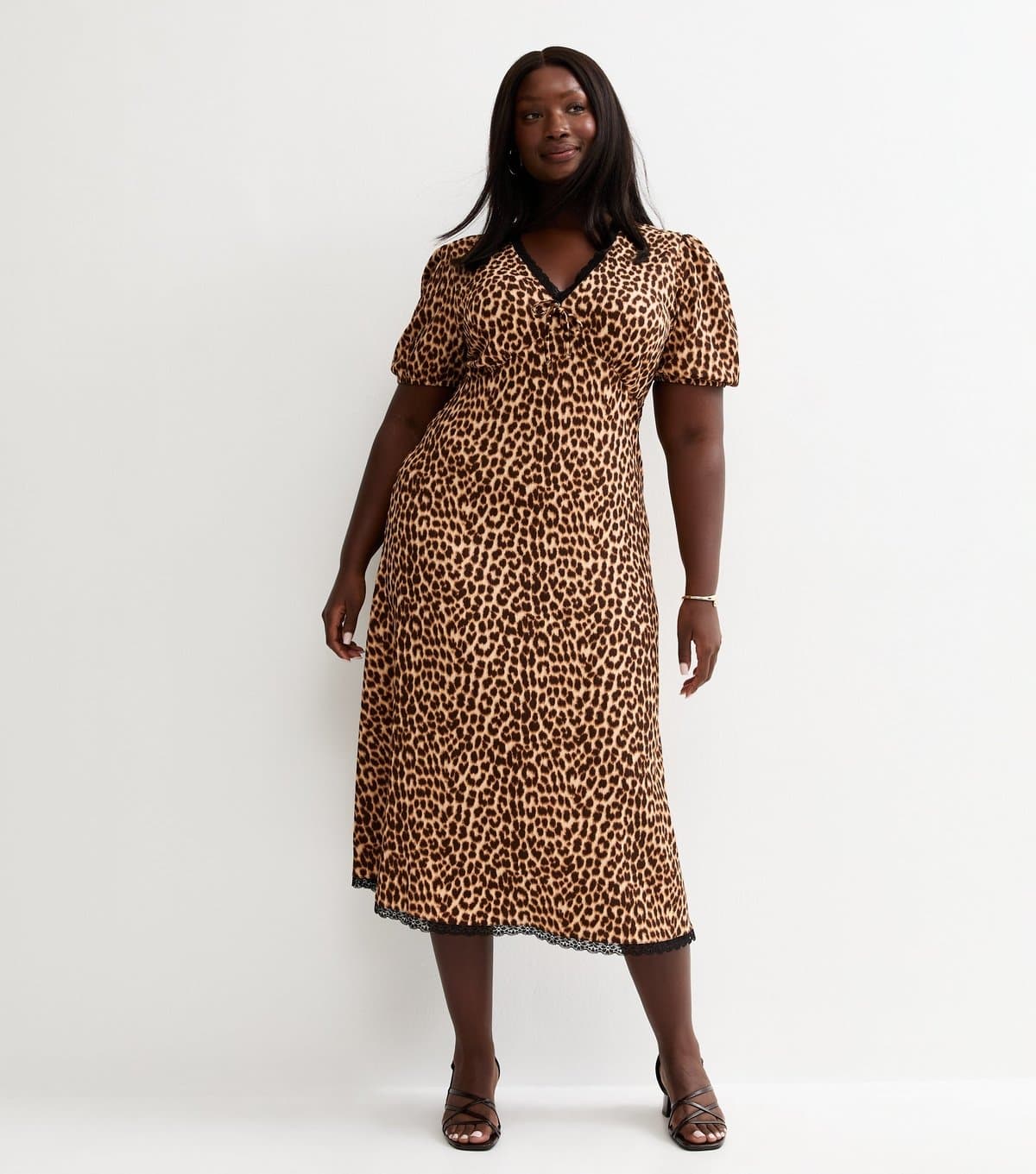 New Look Women's Plus Size Brown Animal Print Crinkled Short Sleeve Midi Dress Curves New Look