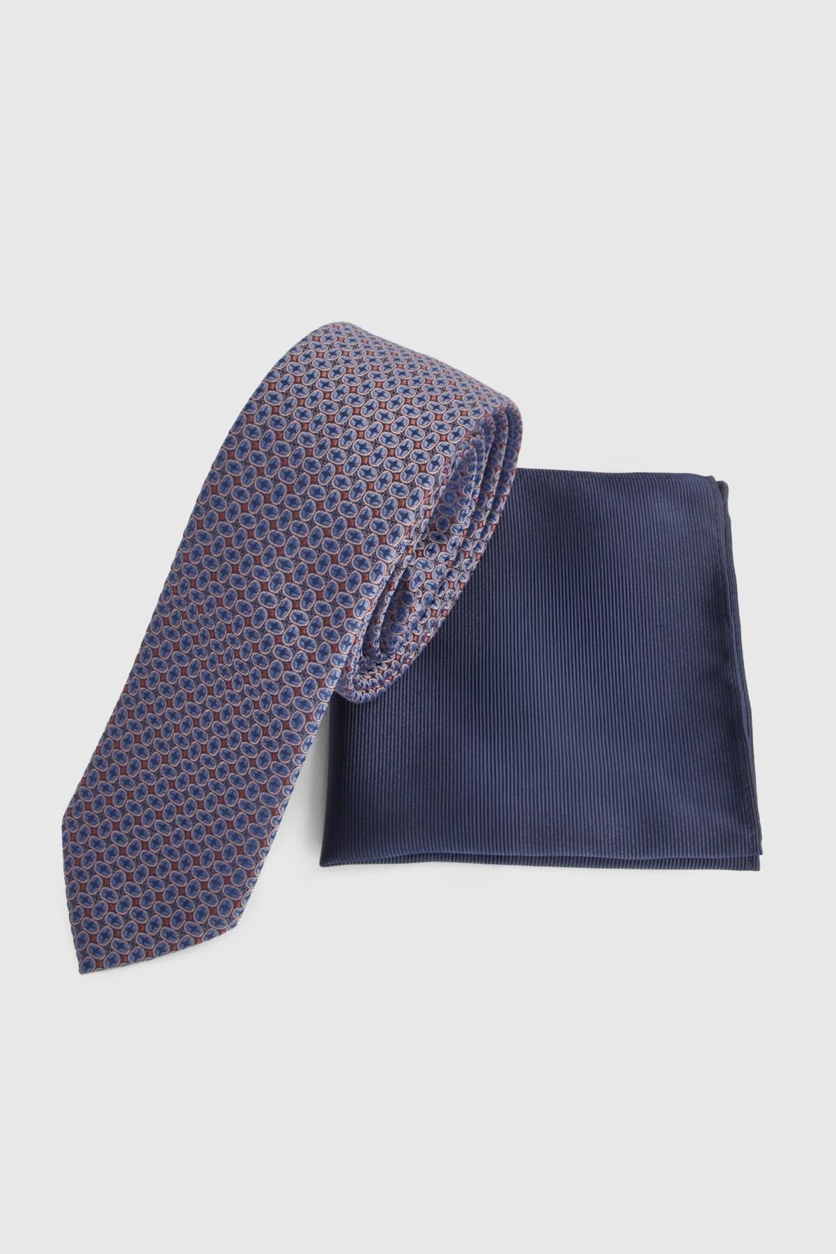 Burton Burton Navy Foulard Tie & Pocket Square Set
