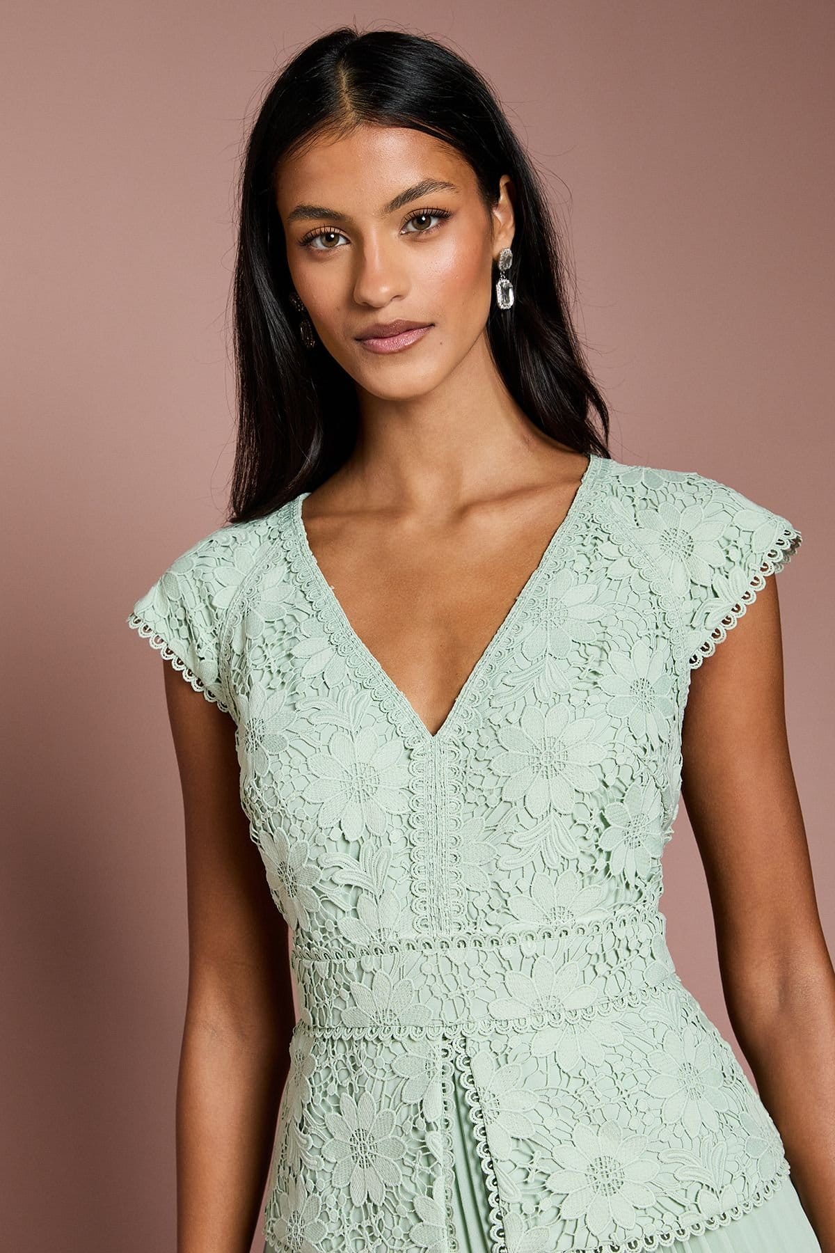 Coast Coast Women's Petite V Neck Lace Bodice Peplum Midi Dress in Sage - 4
