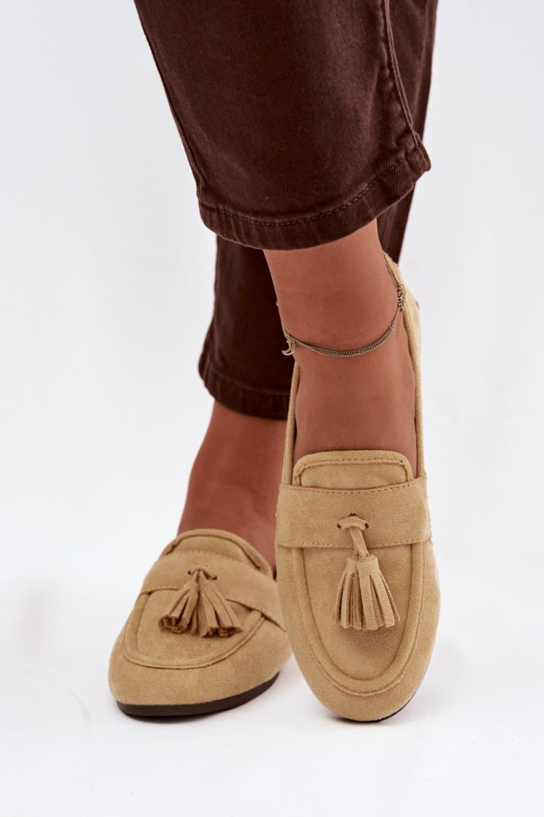 Love Lace Love Lace Women's Mocassin Fringe Strap Suede Loafers Comfortable Slip On in Beige