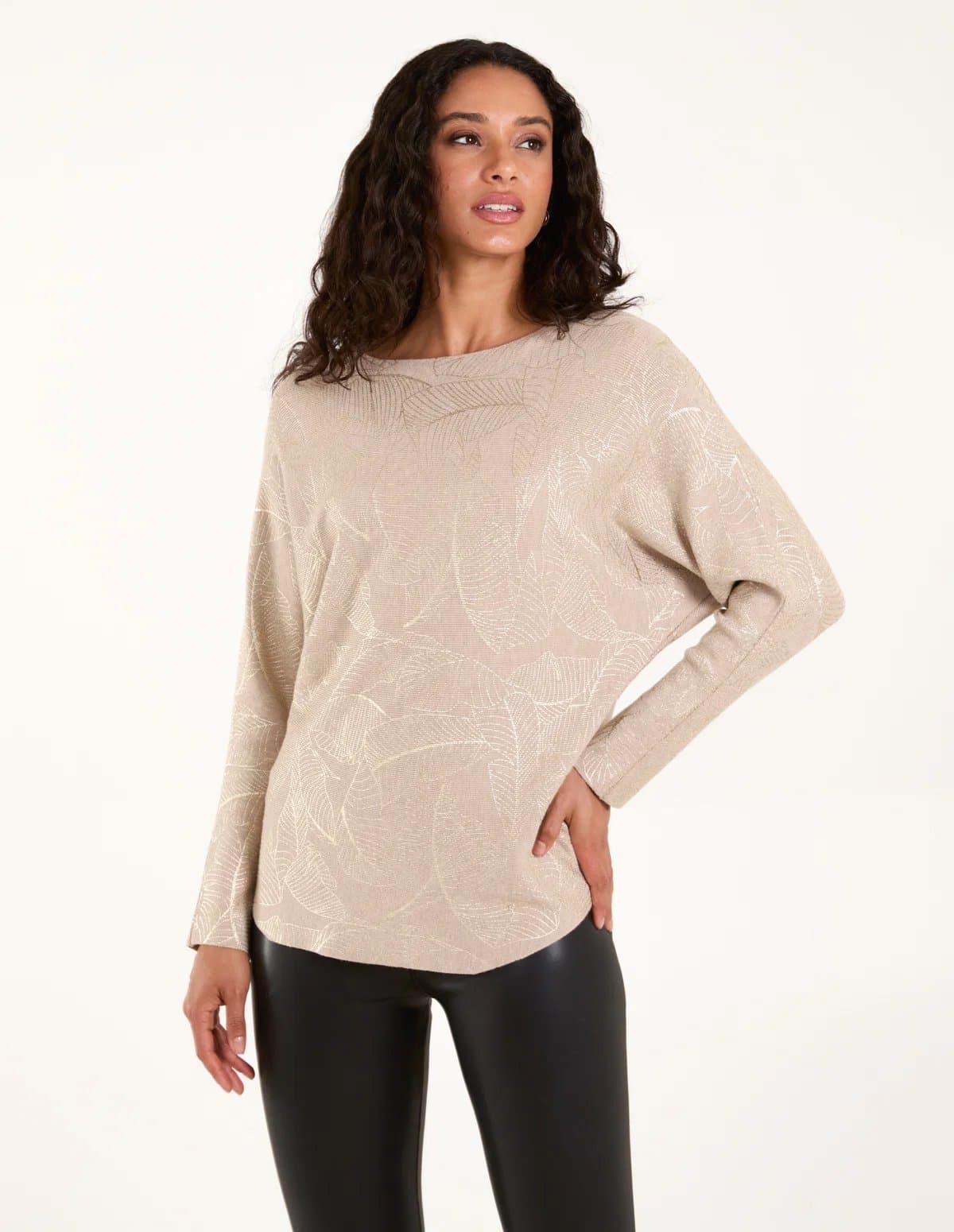 Blue Vanilla Foil Leaf Print Round Neck Jumper