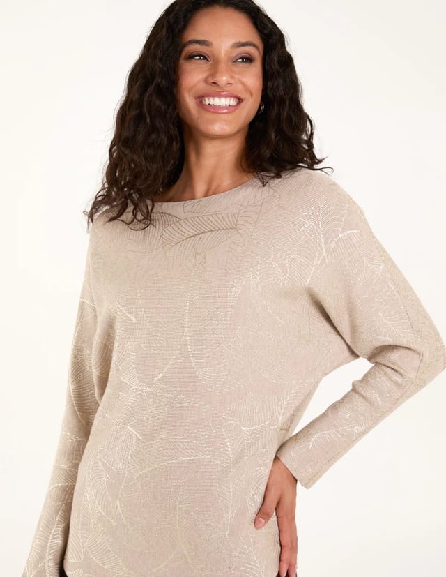 Blue Vanilla Foil Leaf Print Round Neck Jumper - 2