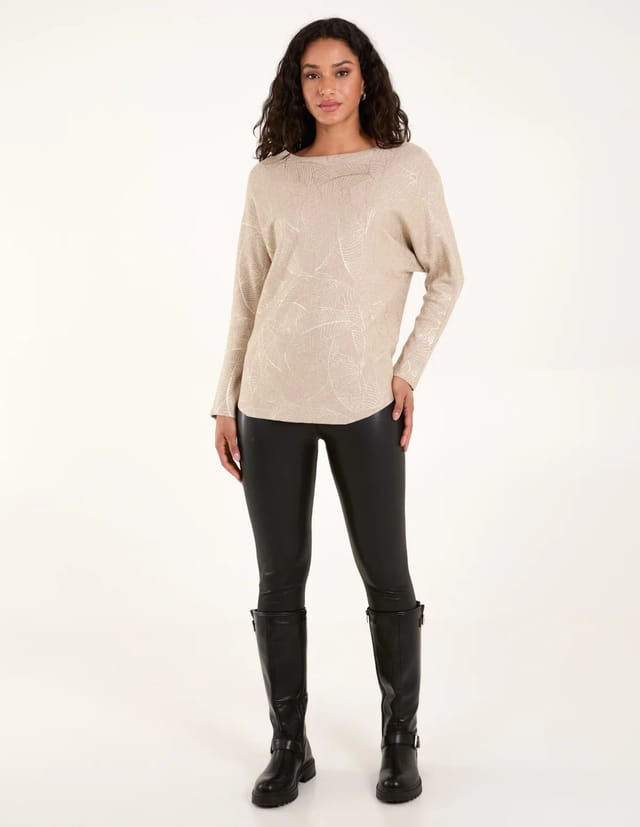 Blue Vanilla Foil Leaf Print Round Neck Jumper - 3