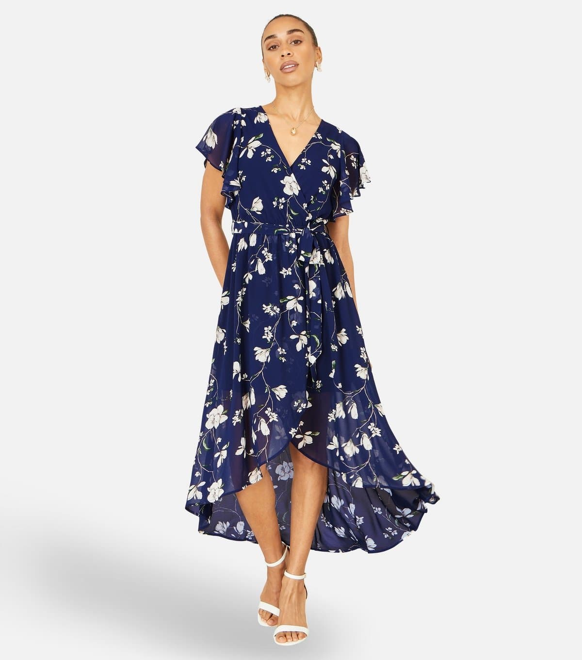 Yumi Women's Navy Floral Print Wrap Midi Dress Yumi New Look
