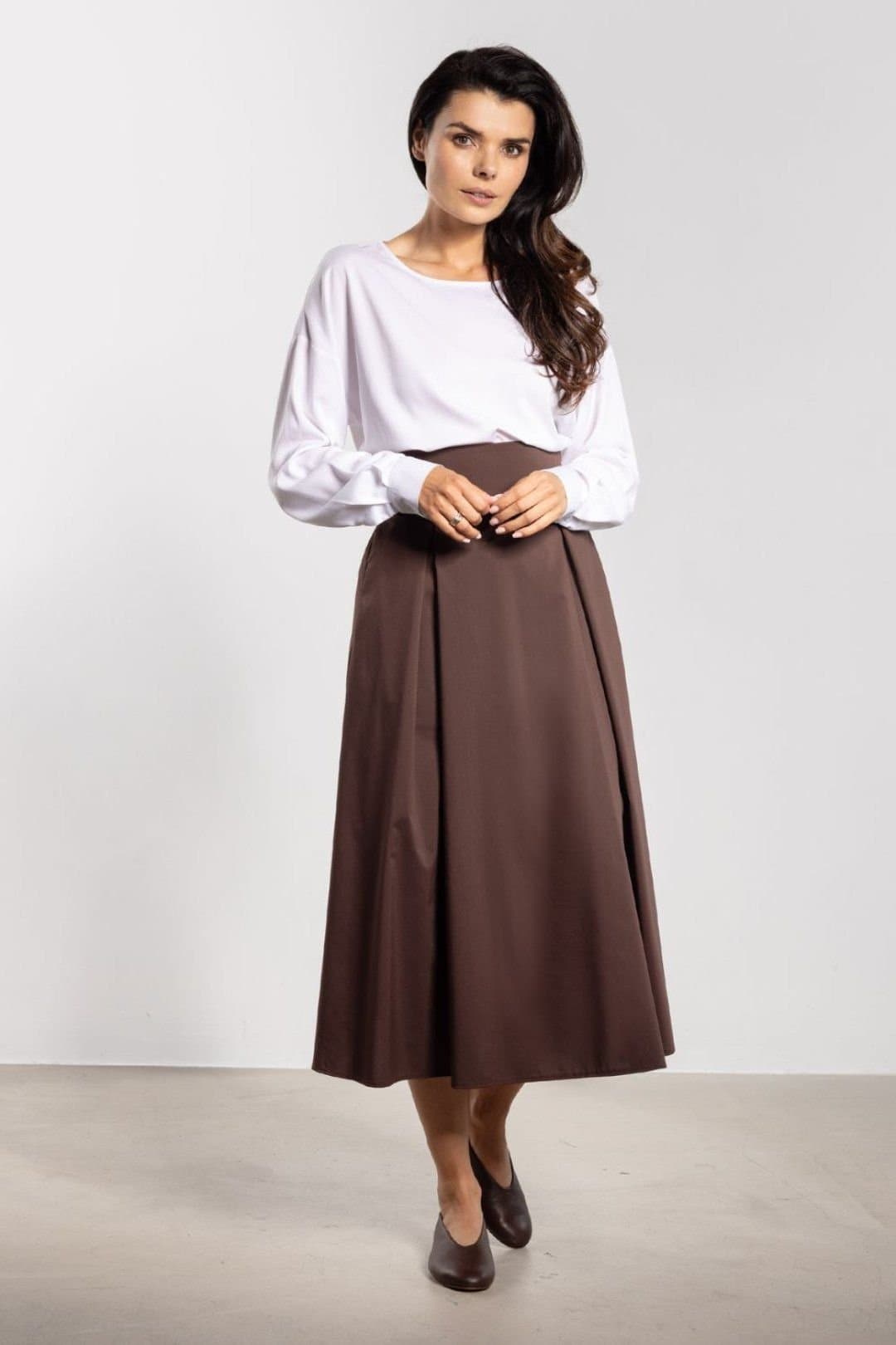 Love Lace Love Lace Women's High Waist Belted Midi Flared Skirt in Brown
