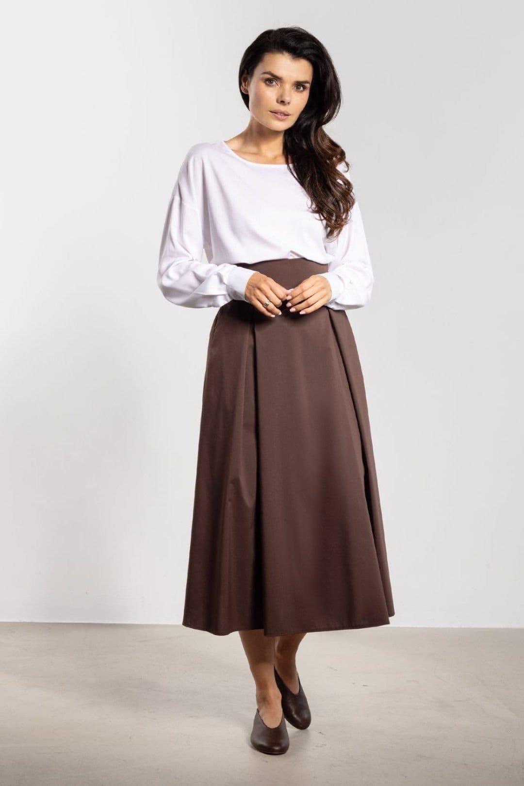 Love Lace Brown High Waist Belted Midi Flared Skirt