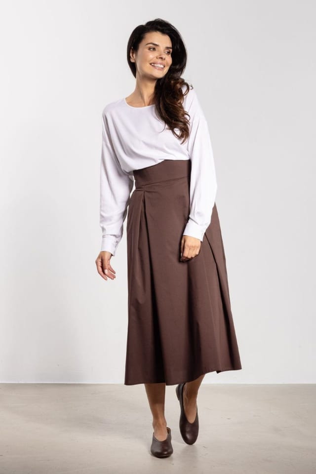 Love Lace Love Lace Women's High Waist Belted Midi Flared Skirt in Brown - 2