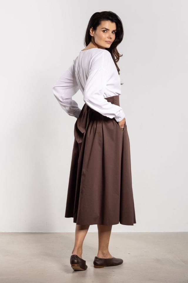Love Lace Love Lace Women's High Waist Belted Midi Flared Skirt in Brown - 3