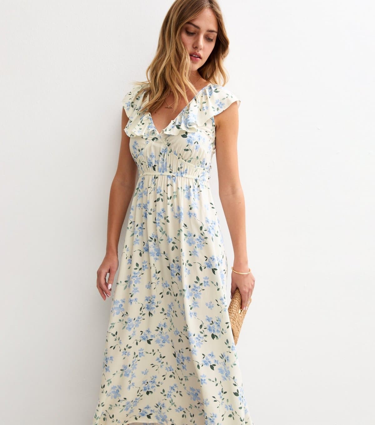 New Look Women's Cream Floral Print Frill Trim Midi Dress New Look