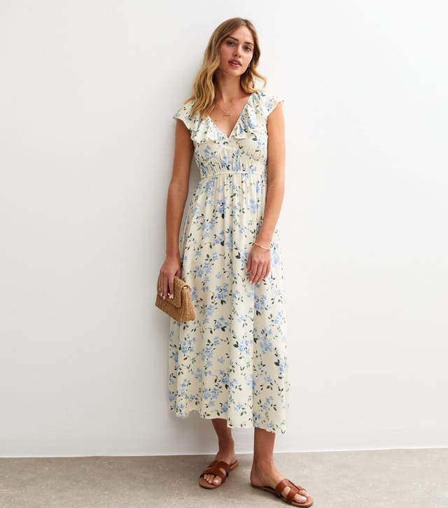 New Look Women's Cream Floral Print Frill Trim Midi Dress New Look - 2