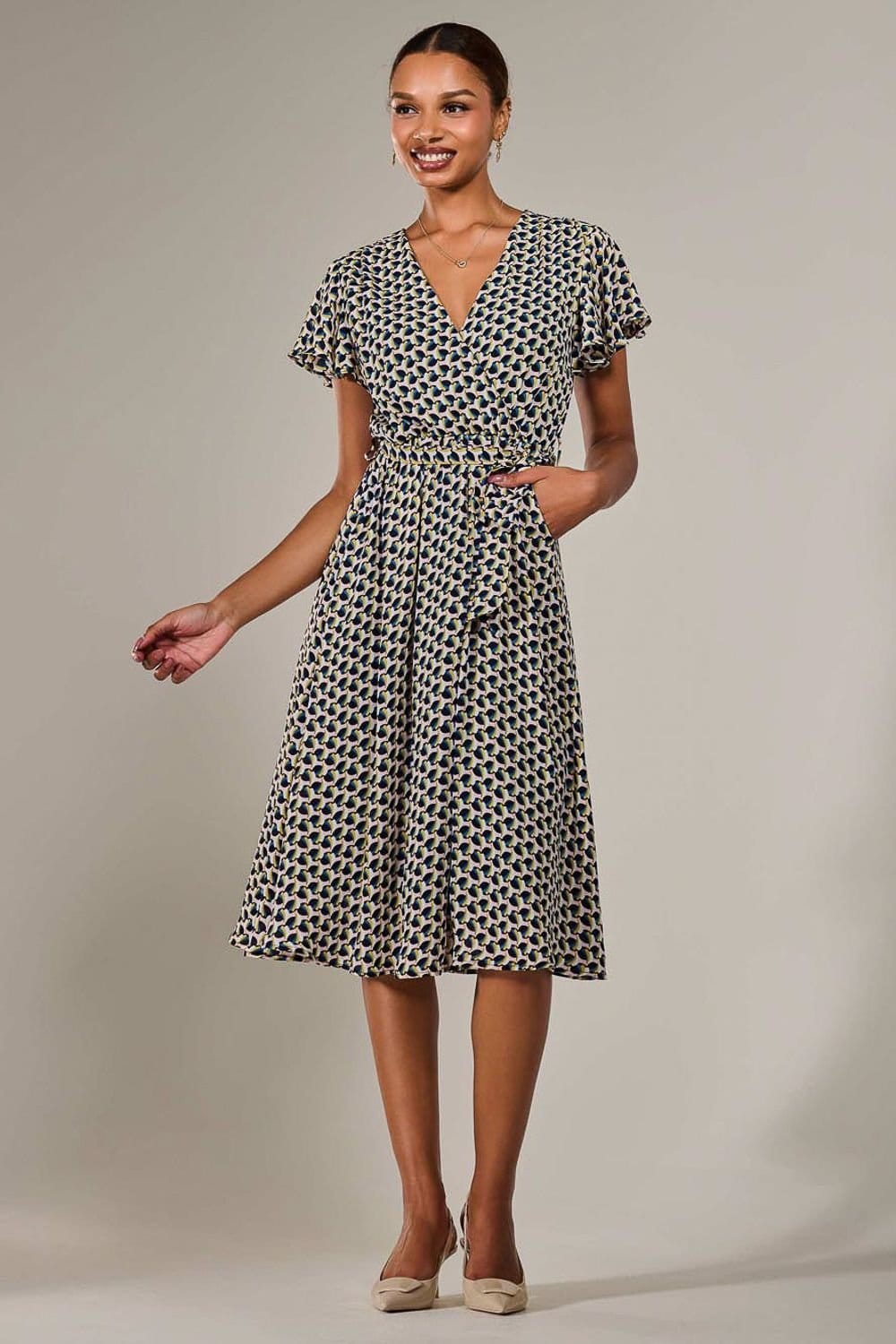 Jolie Moi Jolie Moi Women's Short Sleeve Side Tie Midi Dress in Light Pink - 4