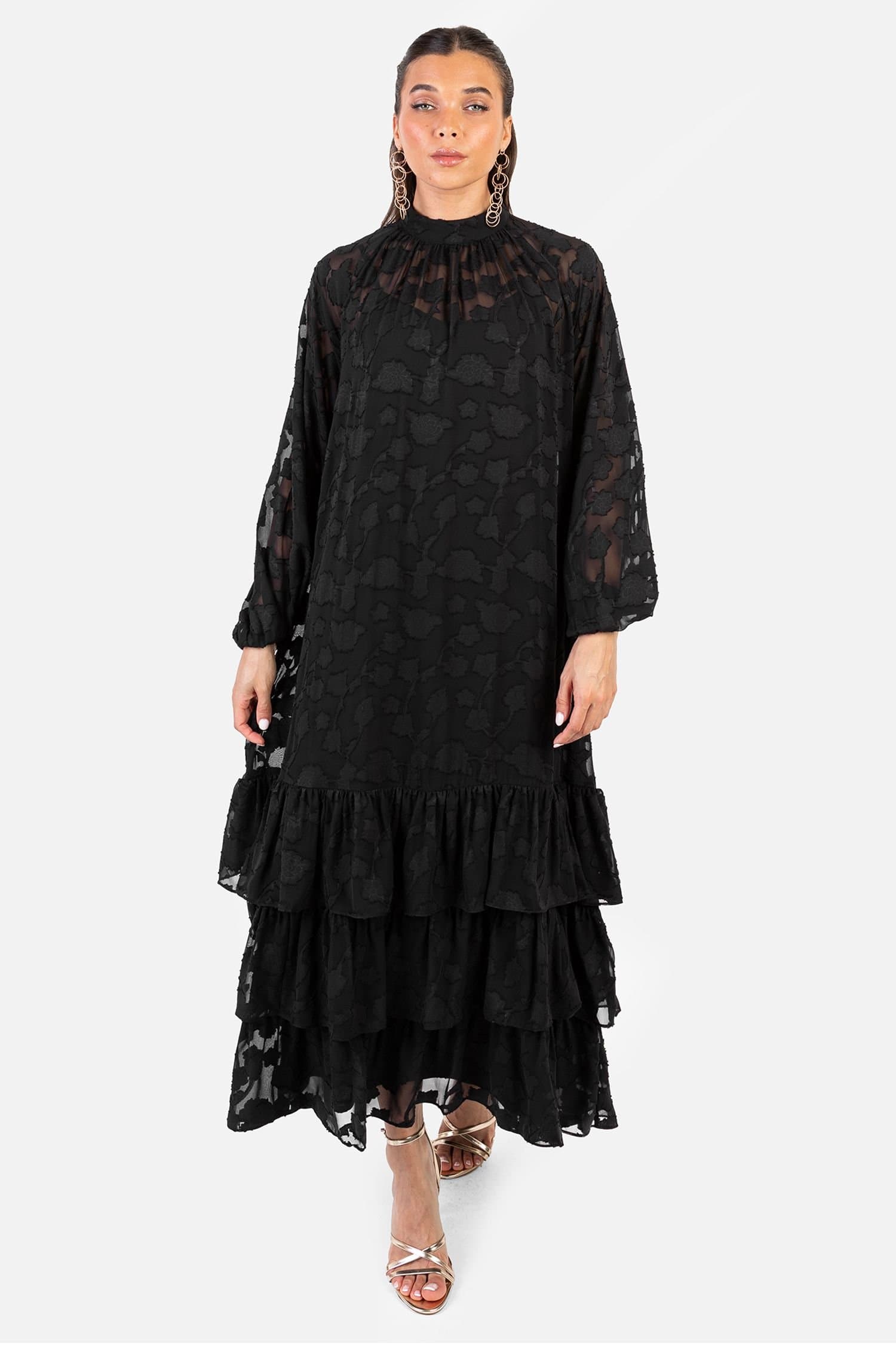 Anaya with Love Anaya with Love Women's Floral Burnout Long Sleeve Trapeze Midaxi Dress in Black