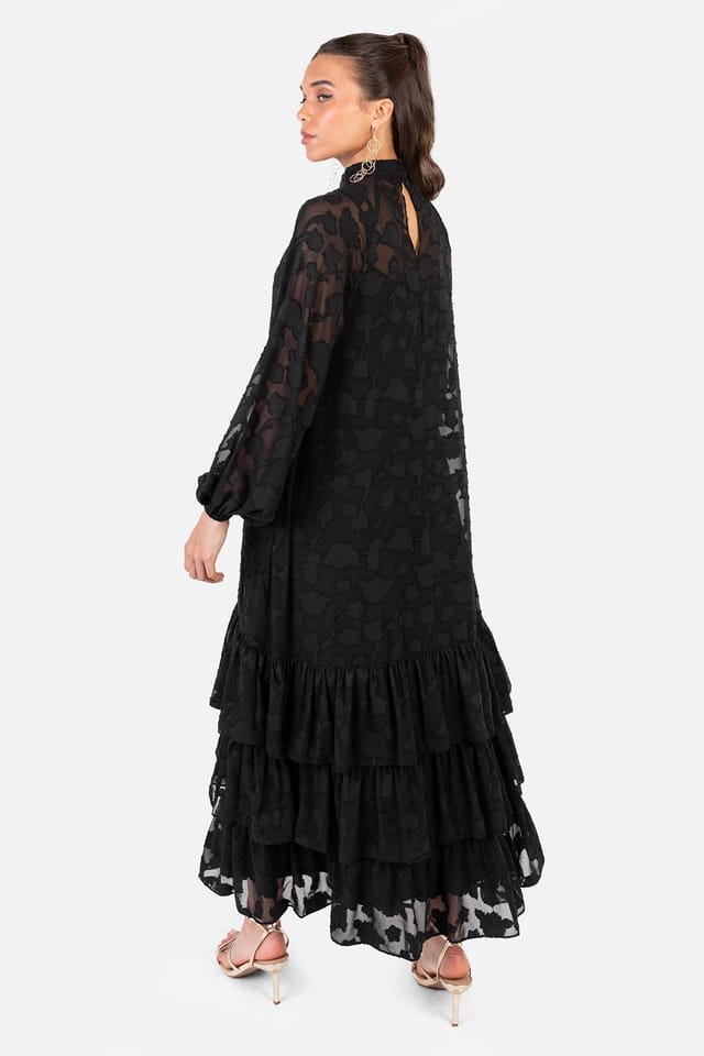 Anaya with Love Anaya with Love Women's Floral Burnout Long Sleeve Trapeze Midaxi Dress in Black - 2