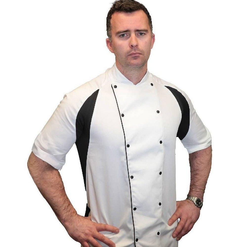 Le Chef Le Chef Men's Executive Contrast Detail Short-Sleeved Chef Jacket in White - 2