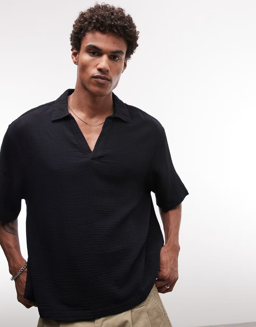 ASOS ASOS DESIGN boxy oversized overhead cheesecloth shirt in black - 1