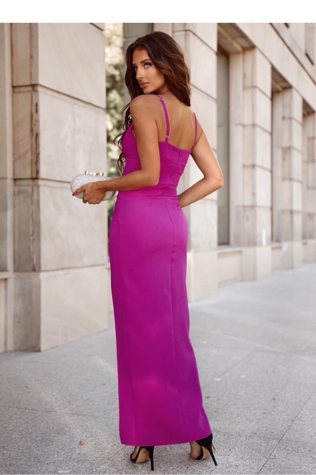 Love Lace Love Lace Women's Long Fitted Dress Thin Straps Slit Hidden Zip in Pink - 2