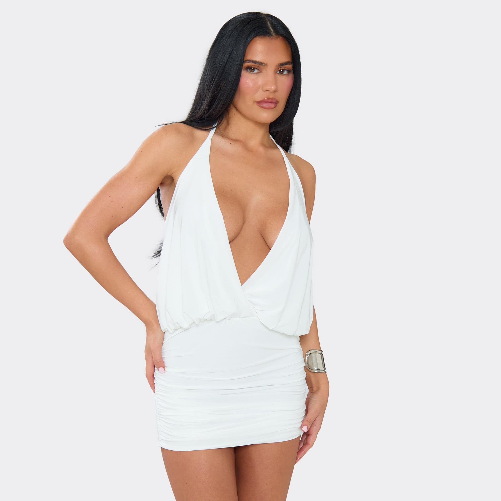 EGO Plunge Halterneck Open Back Ruched Mini Dress In Ivory, Women's Size UK 6