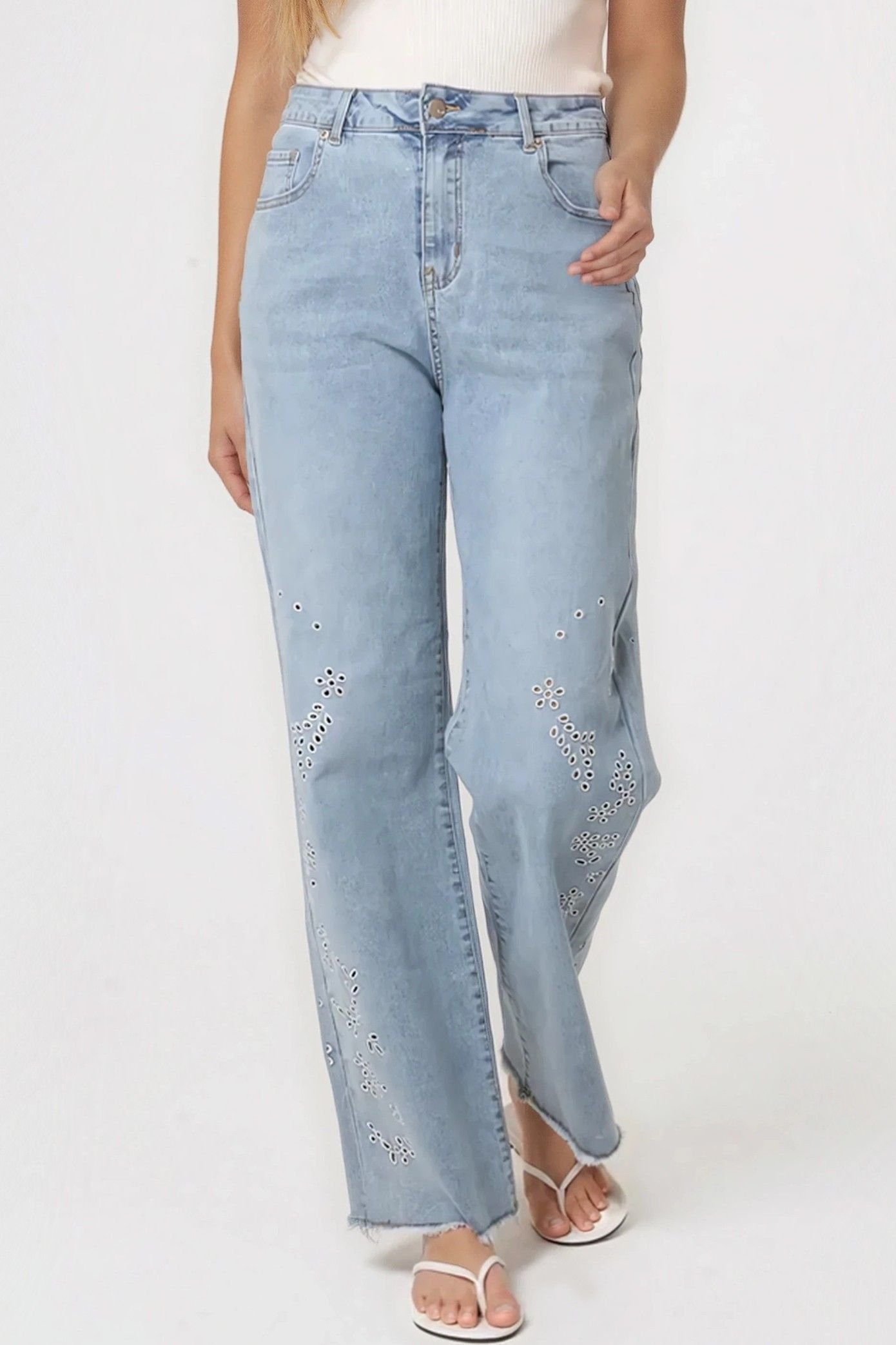 Aftershock London Aftershock London Women's Eyelet Embroidered Jeans in Light Blue - 2