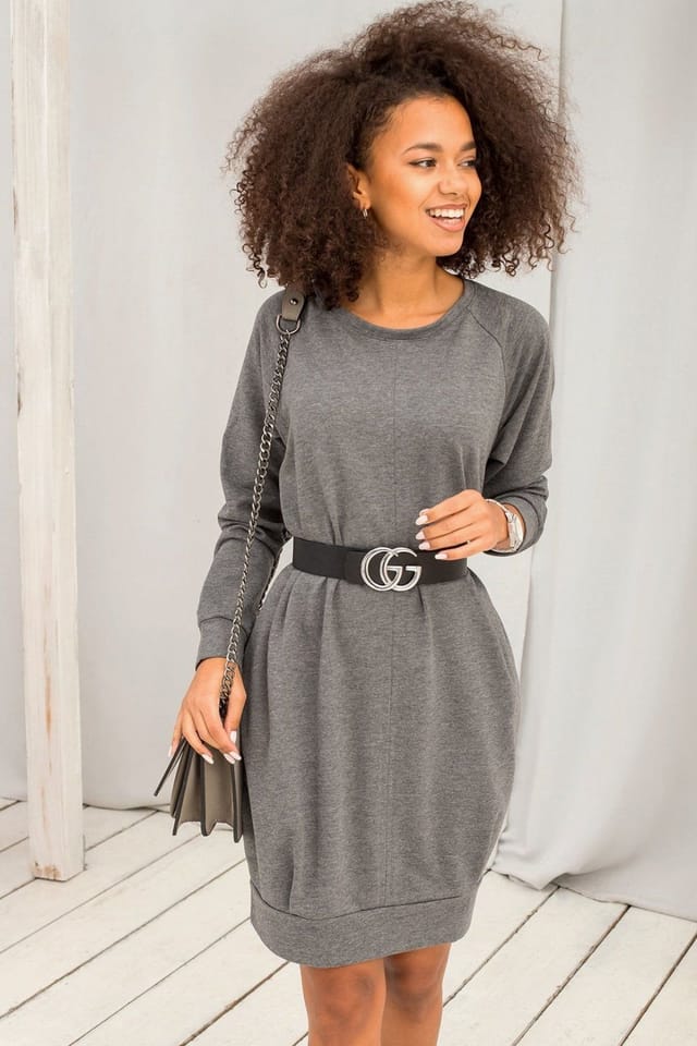 Love Lace Love Lace Women's Cotton Elastane Casual Day Dress with Pockets in Grey - 2