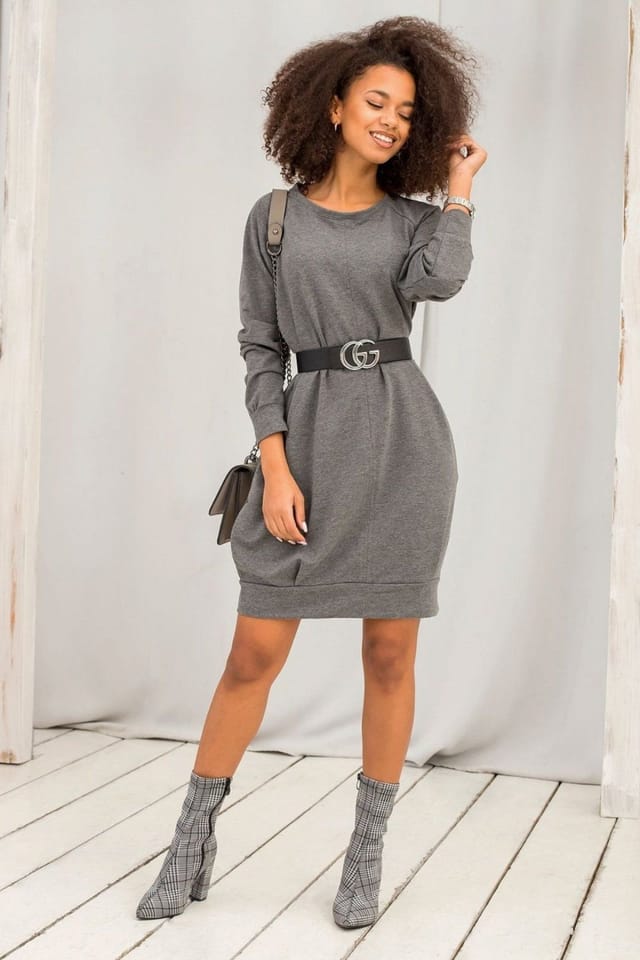 Love Lace Love Lace Women's Cotton Elastane Casual Day Dress with Pockets in Grey - 3