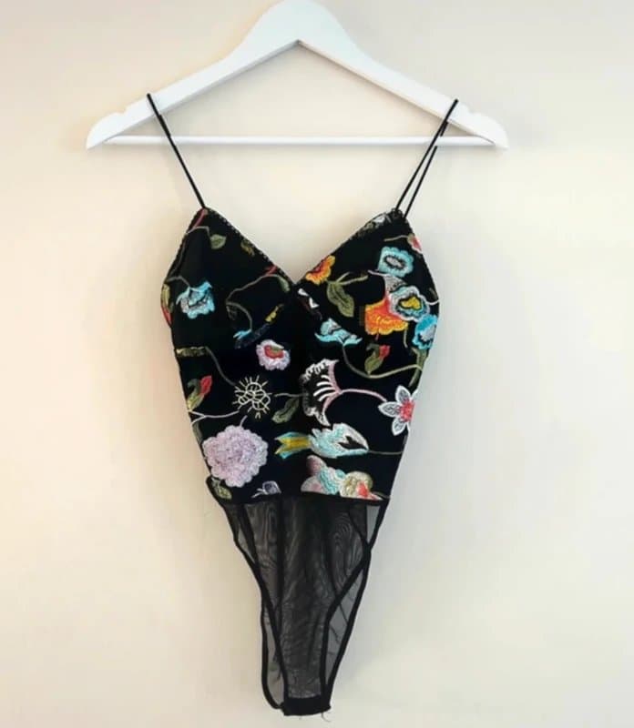 Topshop 🖤 Topshop Petite Black Floral Embroidered Mesh Bodysuit Cami Y2K UK 8