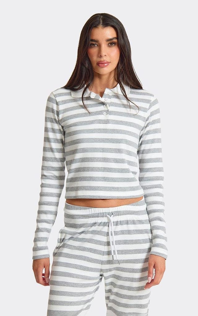 EGO Long Sleeve Button Front Collared Top In White Contrast Stripe, Women's Size UK L - 2