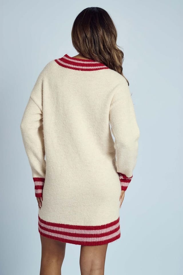 Native Youth Native Youth Women's Striped V-Neck Knitted Mini Jumper Dress in Cream - 2