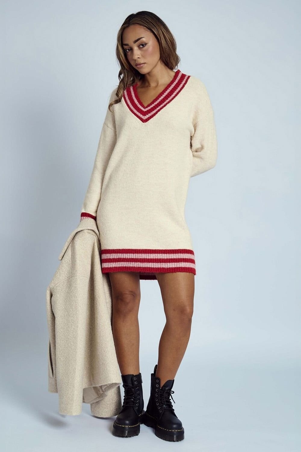 Native Youth Native Youth Women's Striped V-Neck Knitted Mini Jumper Dress in Cream - 4