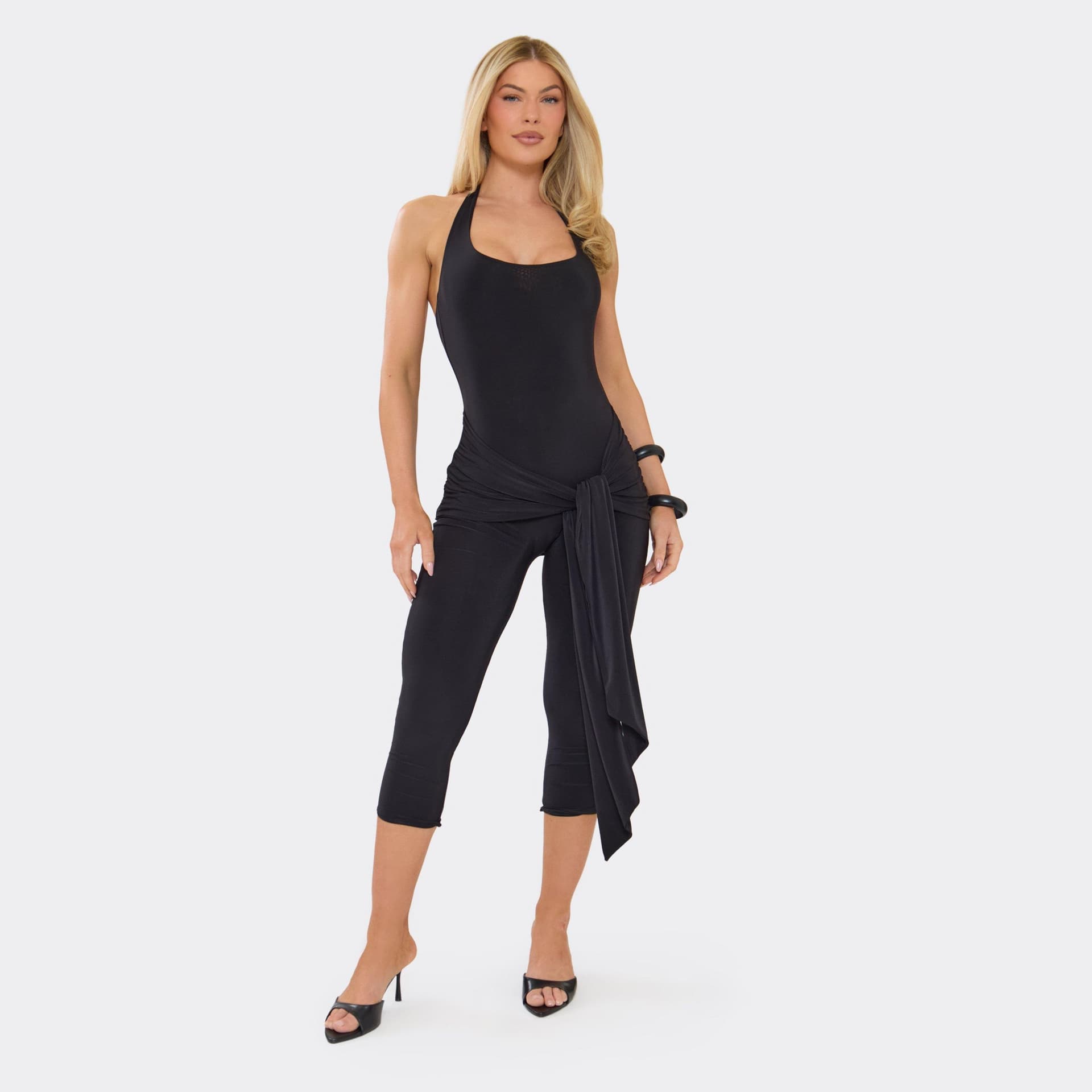 EGO Halterneck Tie Drape Front Capri Jumpsuit In Black, Women's Size UK 6