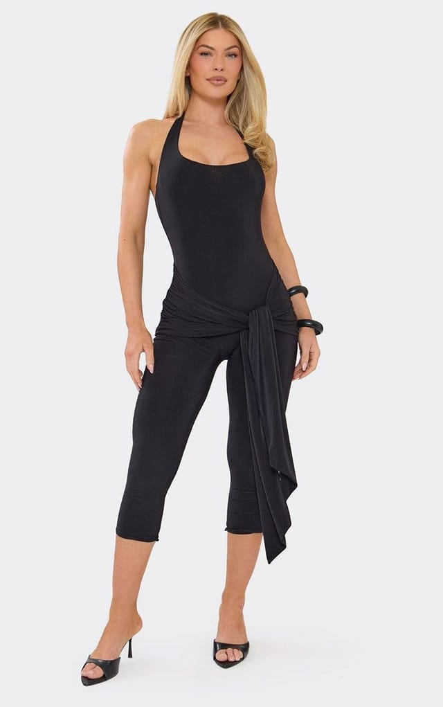 EGO Halterneck Tie Drape Front Capri Jumpsuit In Black, Women's Size UK 6 - 2