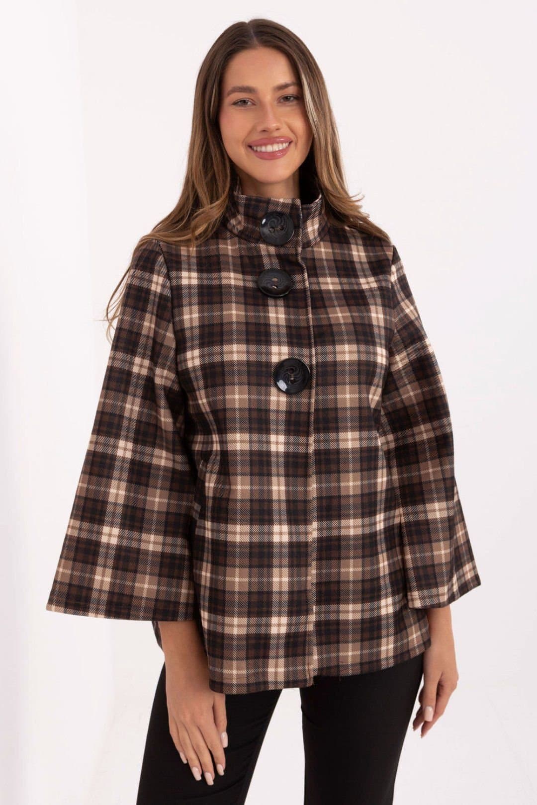 Love Lace Love Lace Women's Timeless Plaid Stand Collar Coat with Buttons in Brown
