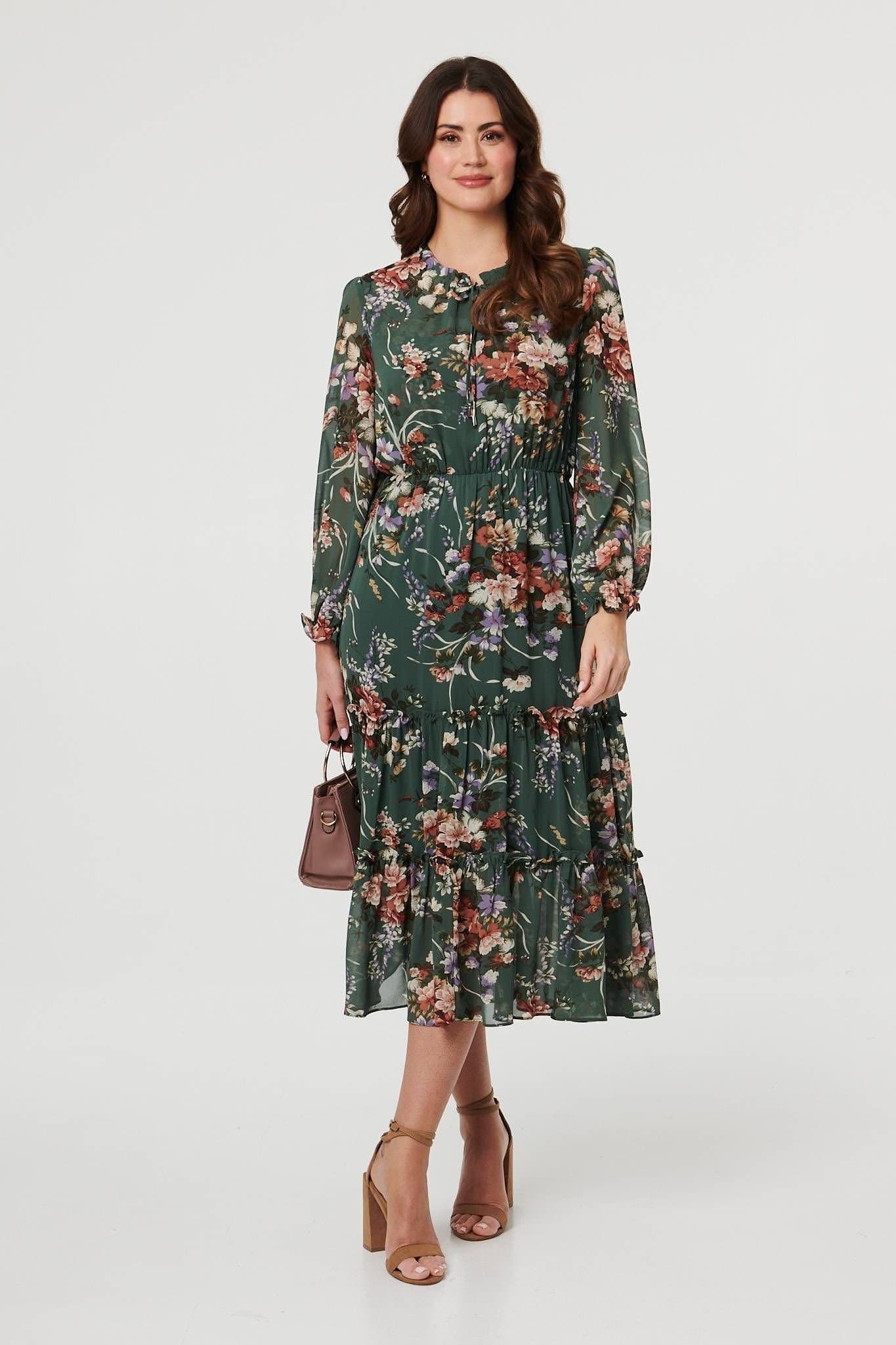 Izabel London Izabel London Women's Floral Tiered Long Sleeve Midi Dress in Green