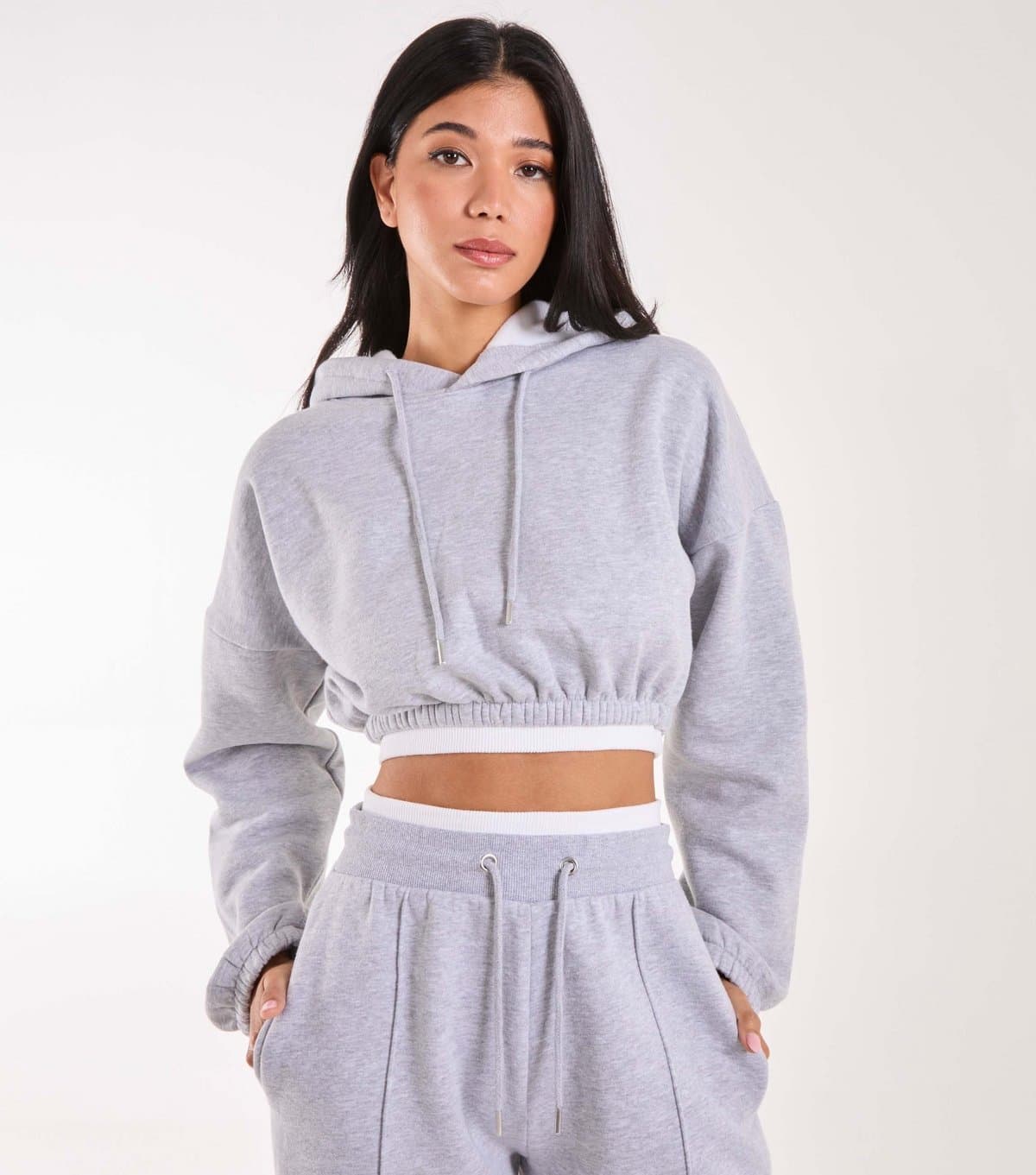 Pink Vanilla Pink Vanilla Grey Contrast Waist Crop Hoodie