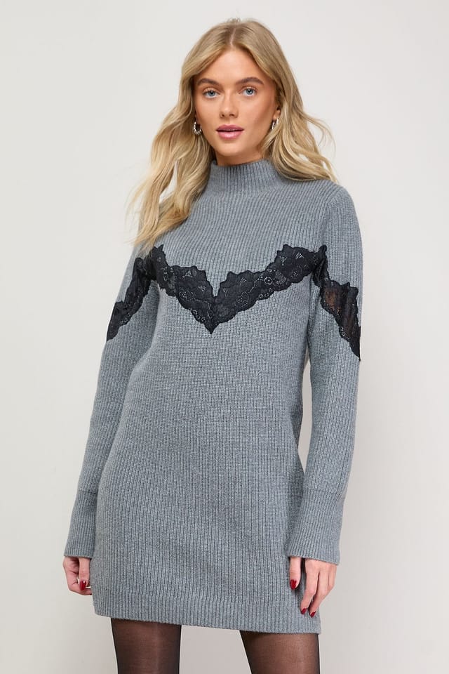 Oasis Oasis Women's Contrast Lace Stitch High Neck Knitted Mini Dress in Grey - 2