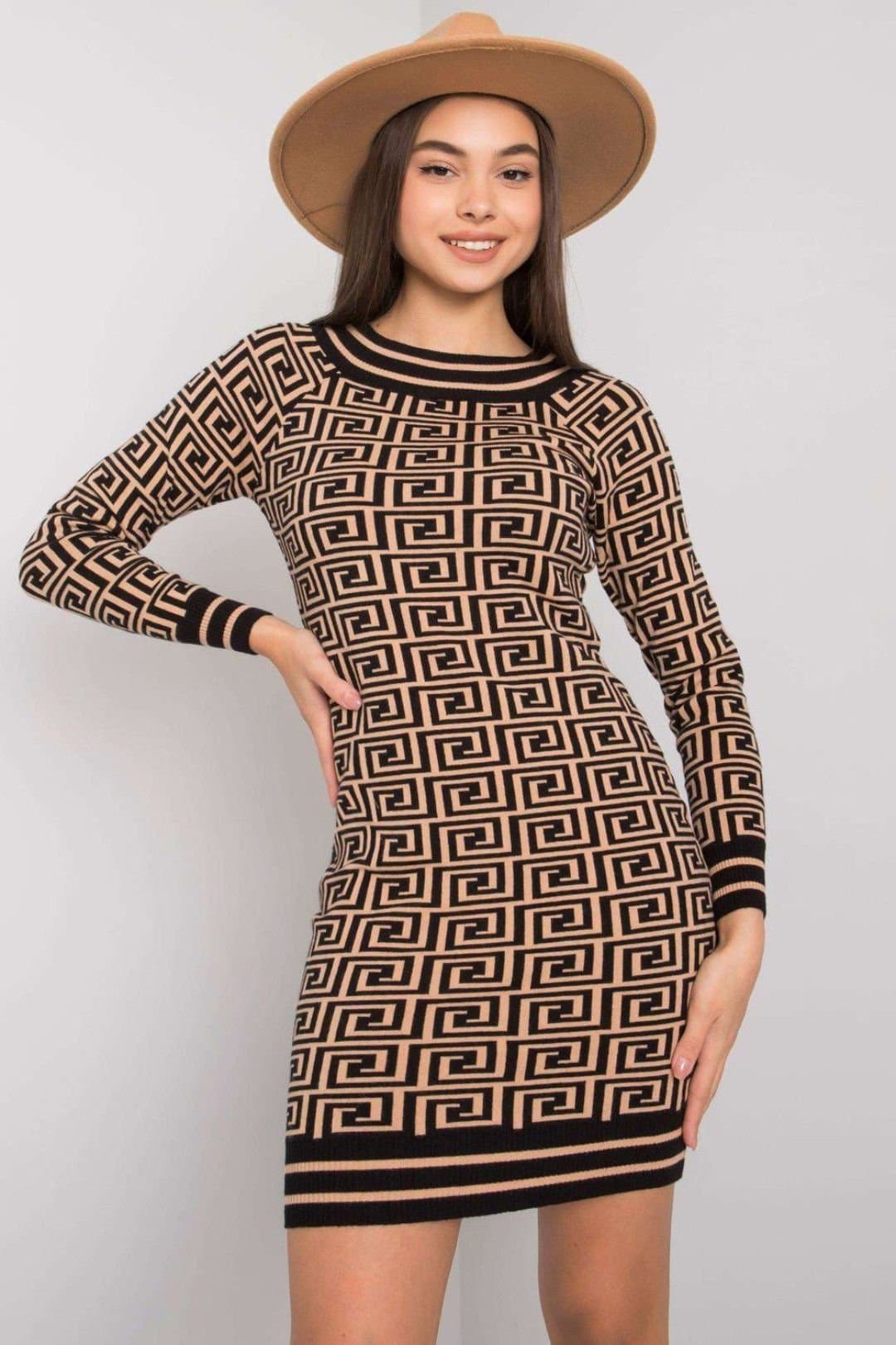 Love Lace Love Lace Women's Ochre Camel & Black Fitted Knit Day Dress in Brown