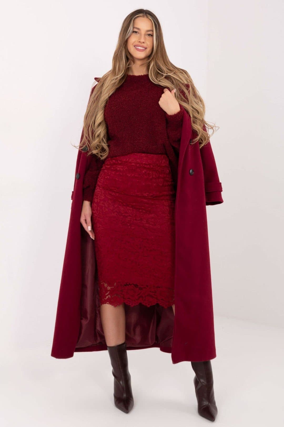 Love Lace Love Lace Women's Elegant Lace Midi Skirt with Elastic Waist Style 221998 in Red