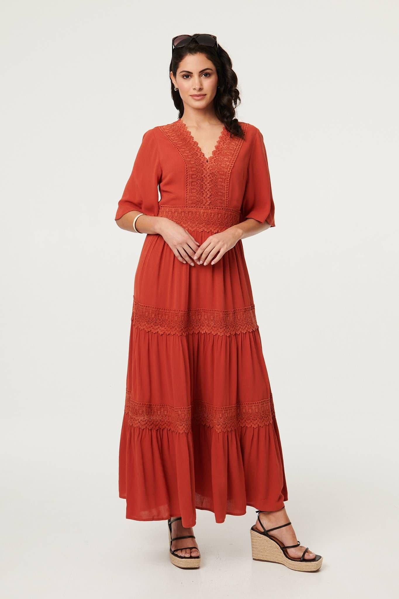 Izabel London Izabel London Women's Lace Trim Tiered 1/2 Sleeve Maxi Dress in Orange