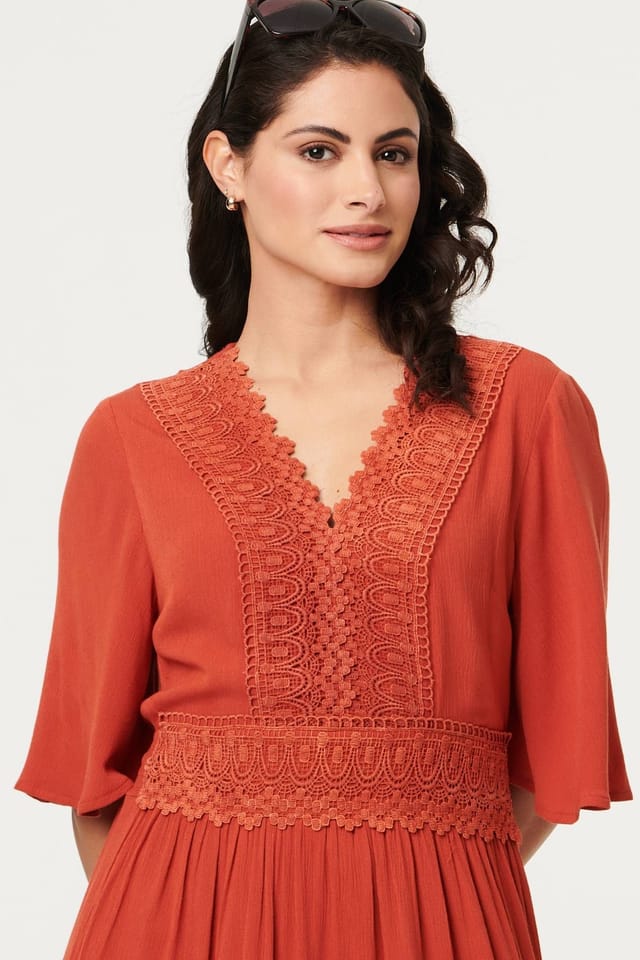 Izabel London Izabel London Women's Lace Trim Tiered 1/2 Sleeve Maxi Dress in Orange - 2