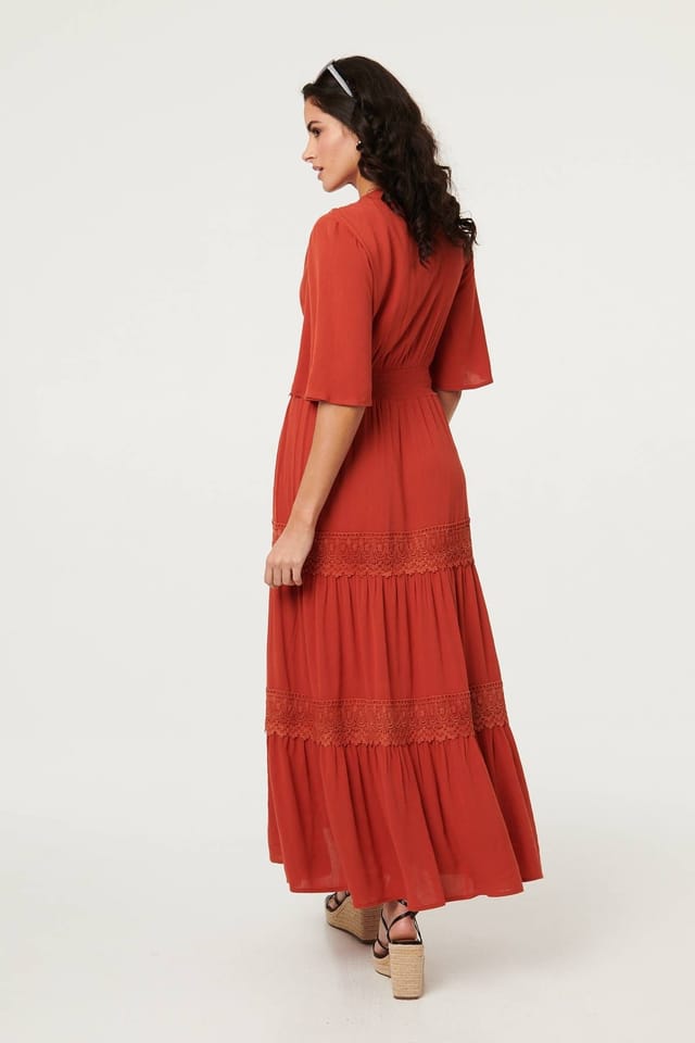 Izabel London Izabel London Women's Lace Trim Tiered 1/2 Sleeve Maxi Dress in Orange - 3