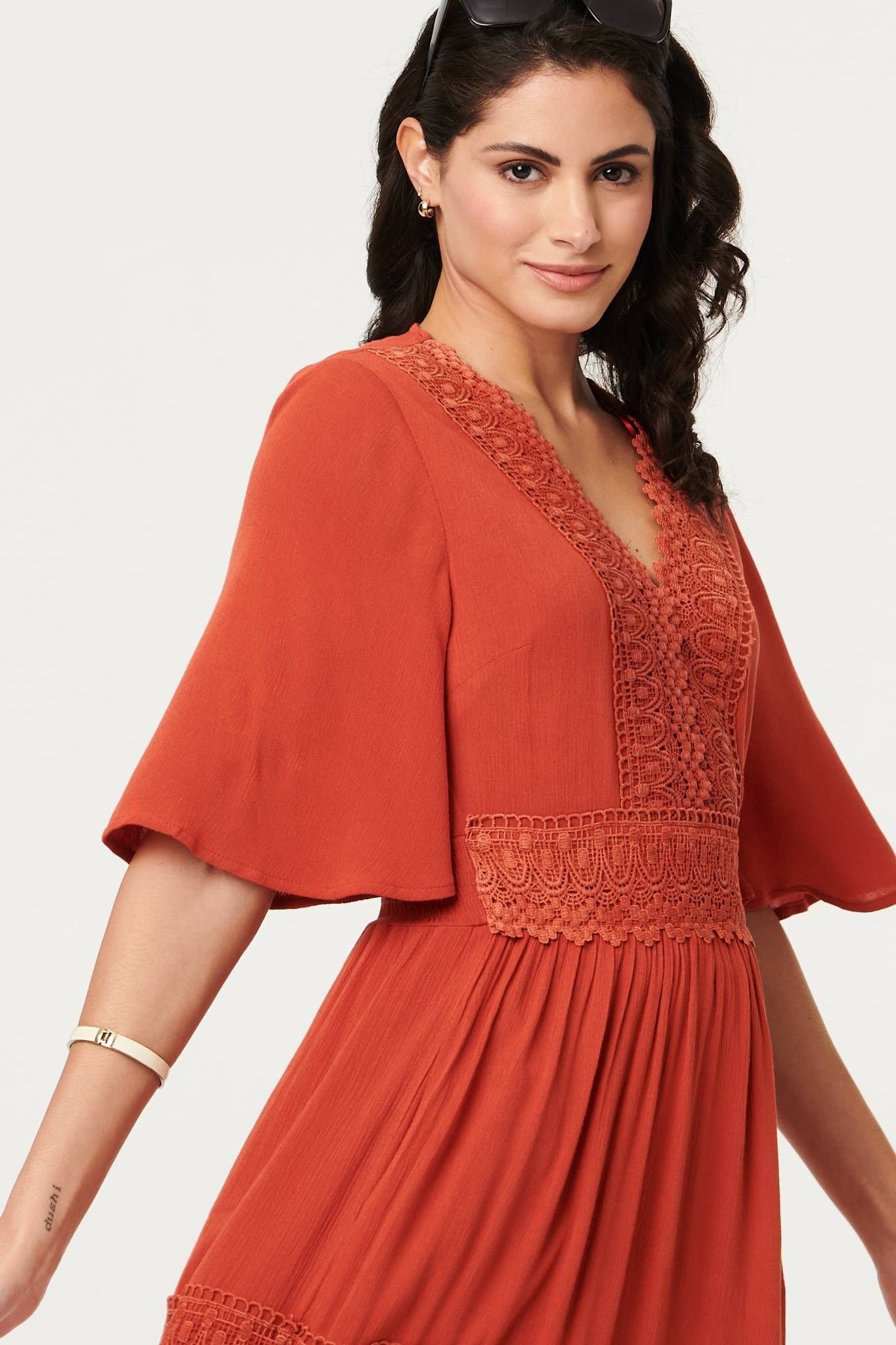 Izabel London Izabel London Women's Lace Trim Tiered 1/2 Sleeve Maxi Dress in Orange - 4